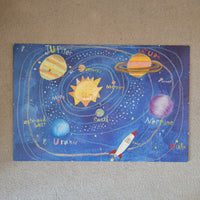 Children's educational puzzle of the solar system design on a carpeted floor.