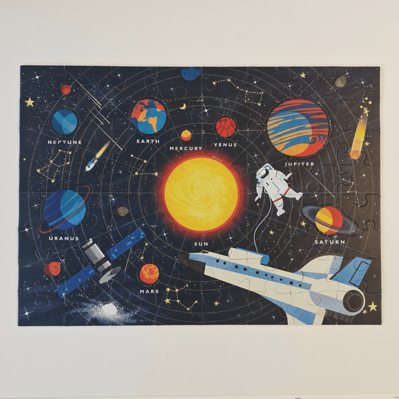 Solar system illustration with planets, astronauts, and space shuttles on a dark background