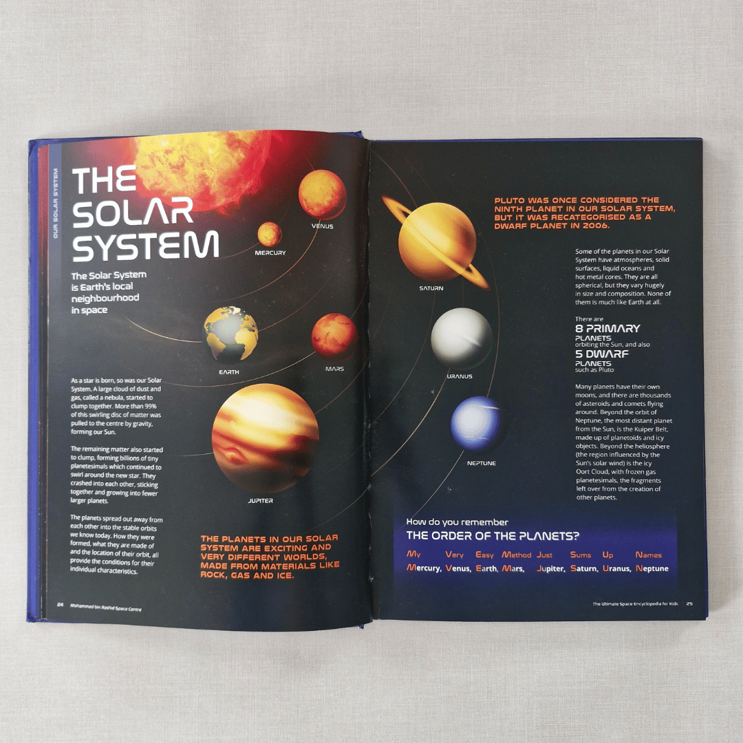 Open book about the solar system with illustrations of planets on a grey background