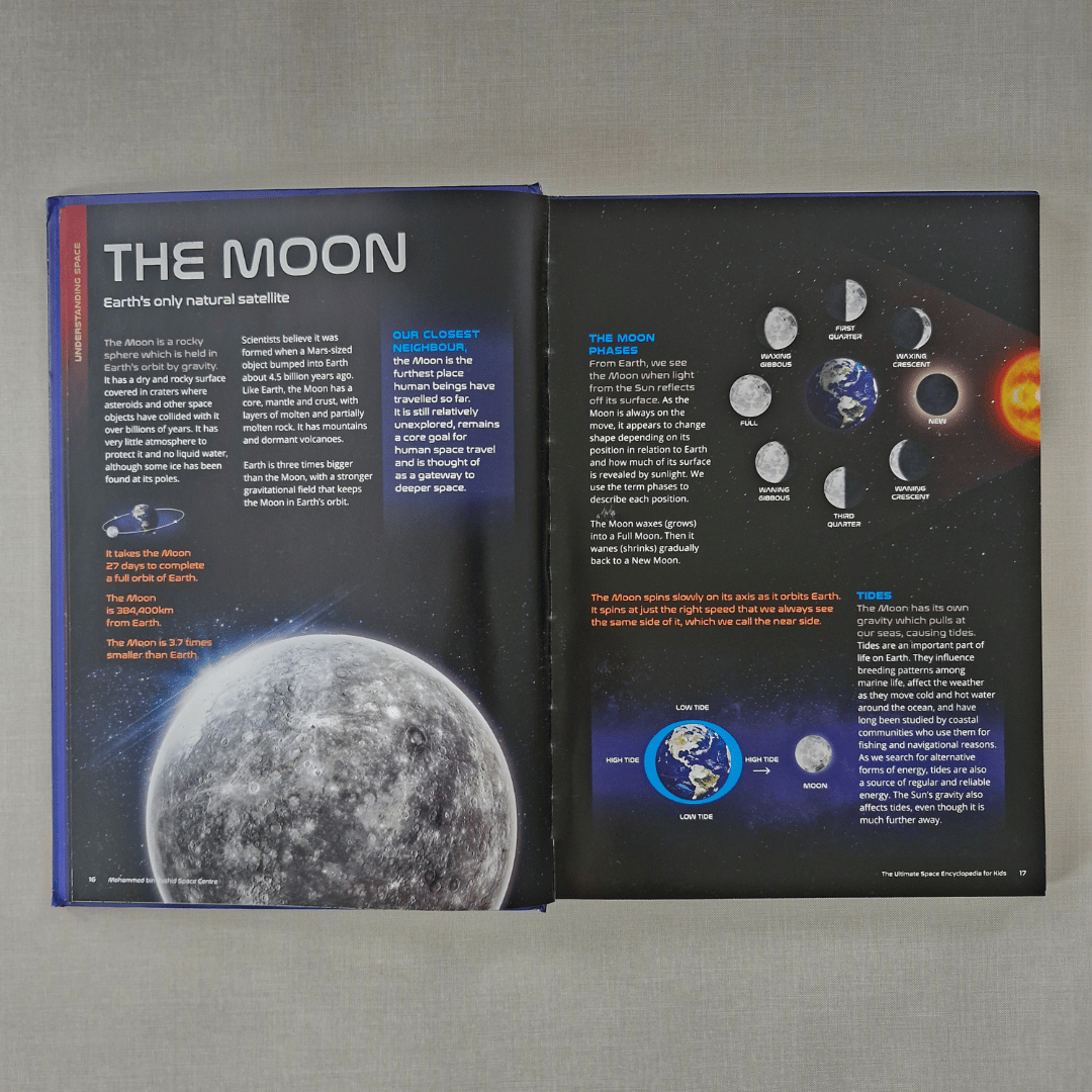 Open book about the Moon with images and text on a grey background