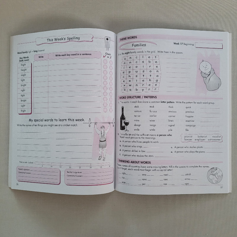 Open book with educational content on a plain background