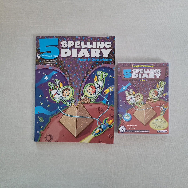 Two colourful 'Spelling Diary' books on a gray background