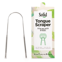 Solid Stainless Steel Tongue Scraper with packaging on a white background