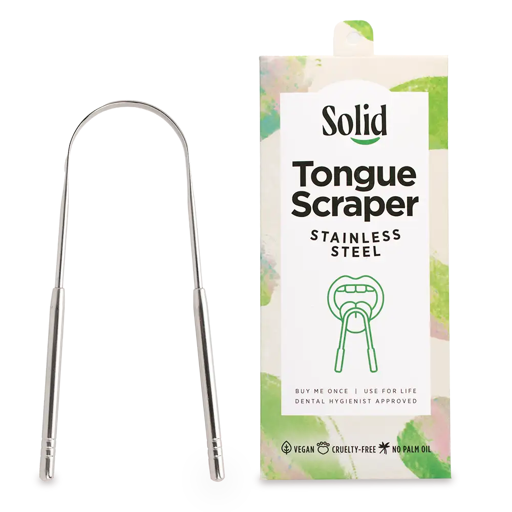 Solid Stainless Steel Tongue Scraper with packaging on a white background