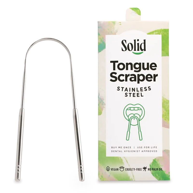 Solid Stainless Steel Tongue Scraper with packaging on a white background