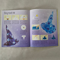 Open book showing illustrations of a wizards hat with star patterns on a purple background.