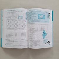 Open book with text and illustrations on a plain background