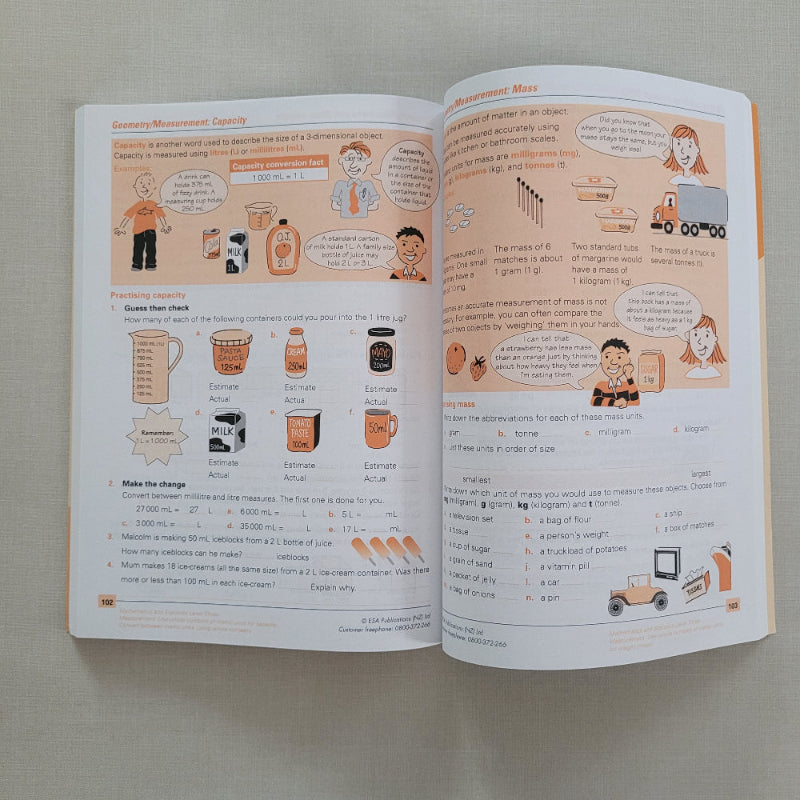 Open book with maths illustrations and text on a plain background