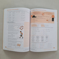 Open book with educational mathematics content on a plain background