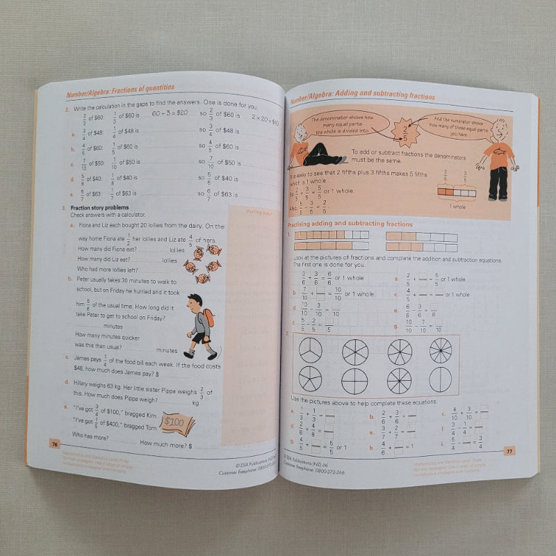 Open book with educational mathematics content on a plain background