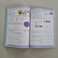 Open book with educational maths content on a plain background
