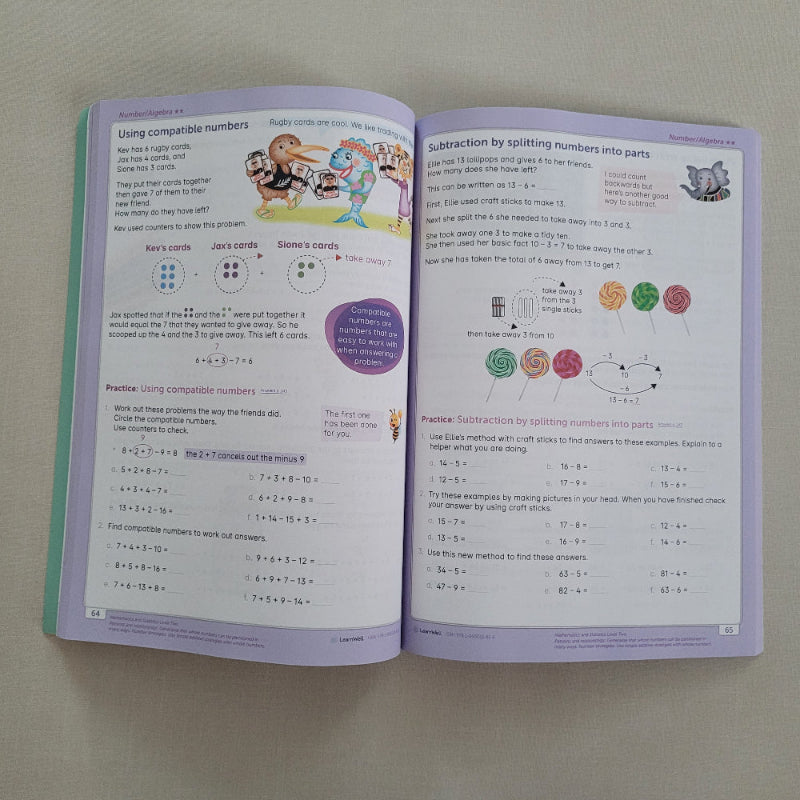 Open book with educational maths content on a plain background