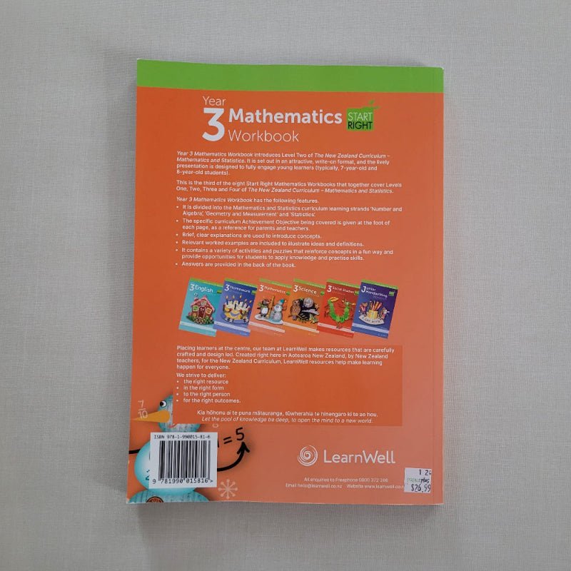 Back cover of a Year 3 mathematics workbook with text and colourful sections on a gray background