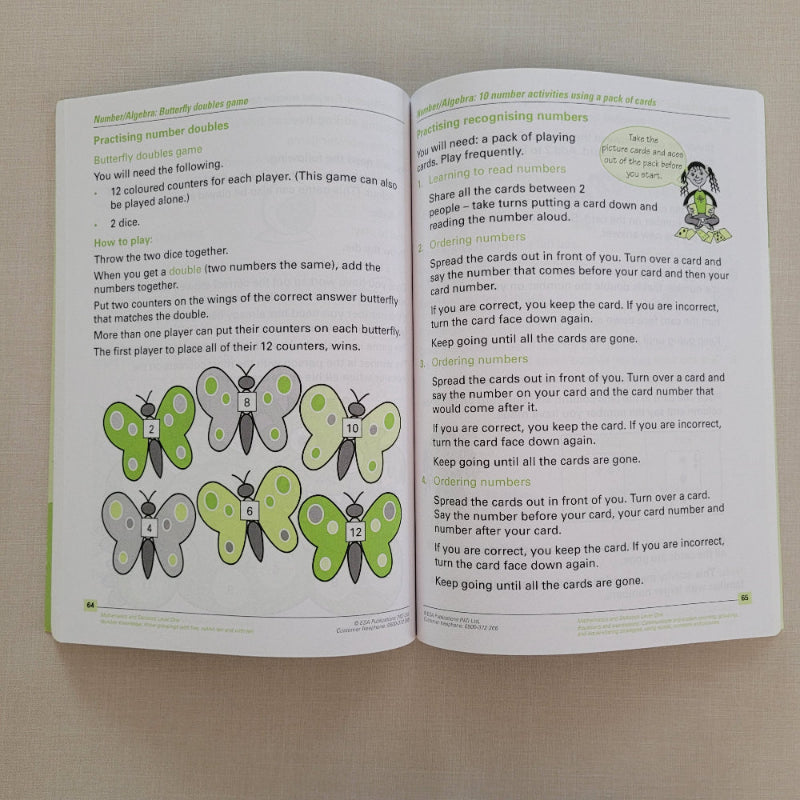 Open maths book with butterfly illustrations on a beige background