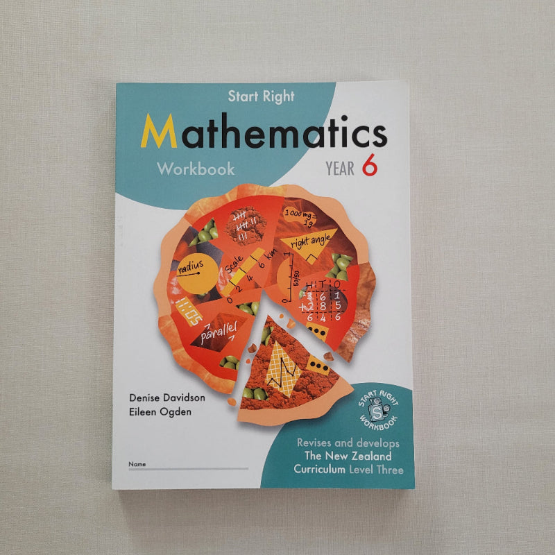 Mathematics Year 6 workbook cover with pizza illustration on a beige background