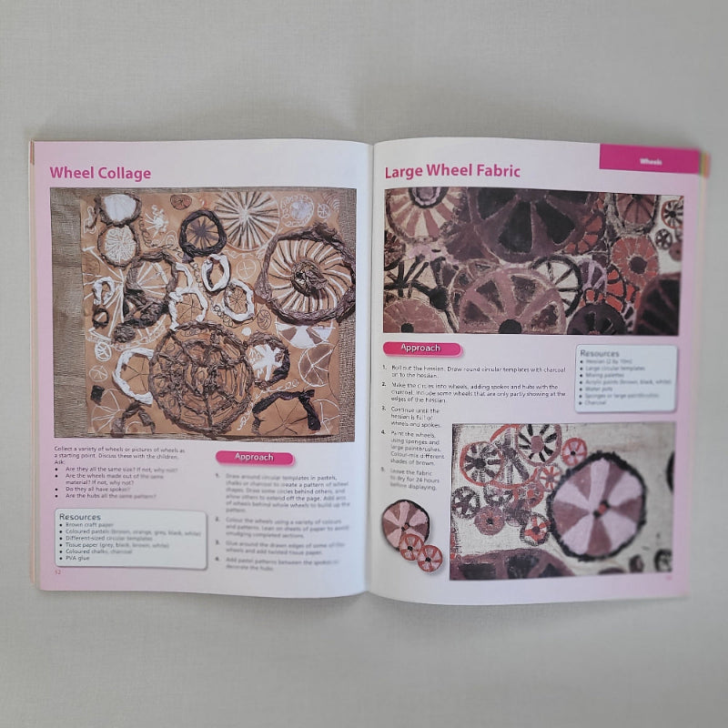 Open book showing fabric designs with 'Large Wheel Fabric' and 'Wheel Collage' on a plain background