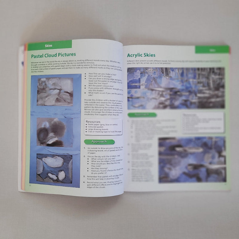 Open book with art instruction pages on a plain background
