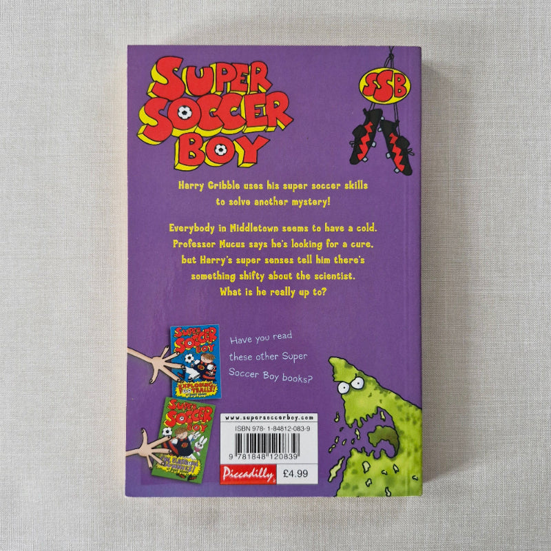 Back cover of a book titled 'Super Soccer Boy' with colourful graphics on a gray background