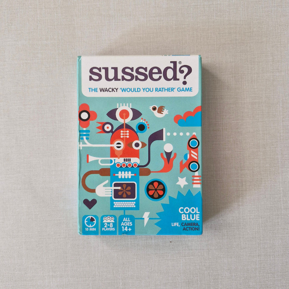 Board game box titled 'Sussed?' on a textured surface