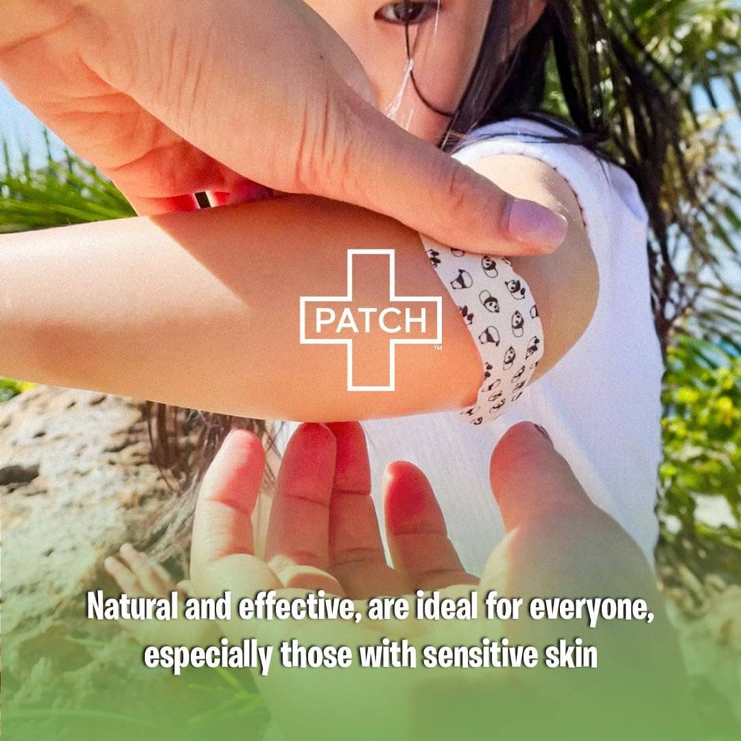 Person applying a patch to another person's arm with a natural and effective product claim.