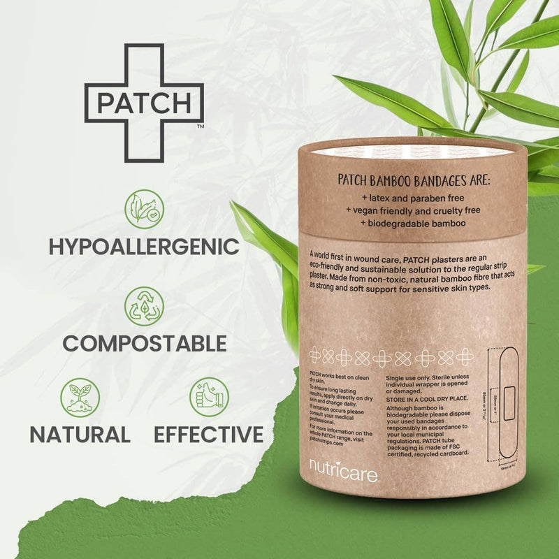 Nutricare bamboo bandage packaging with green leaves on a white background