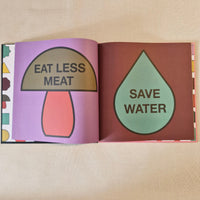 Open book with action themed pages on a beige background