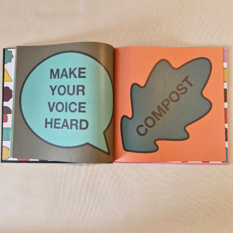 Open book with speech bubble and text 'MAKE YOUR VOICE HEARD' on a beige background