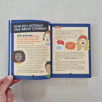 Open book with educational content on consent against a gray background