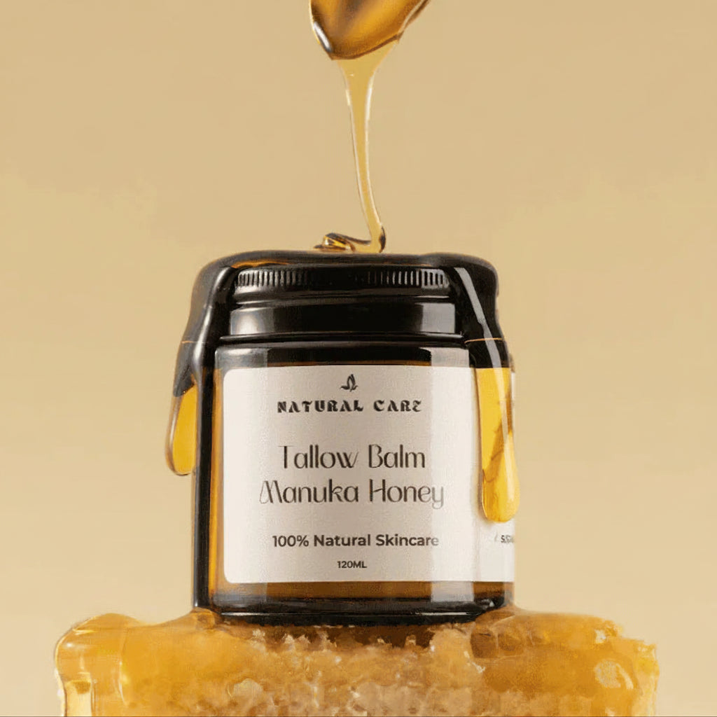 Jar of Natural Skincare, Manuka Honey Tallow Balm with honey dripping and honeycomb on a beige background