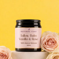 Jar of Tallow Balm Vanilla & Rose with roses on a yellow background