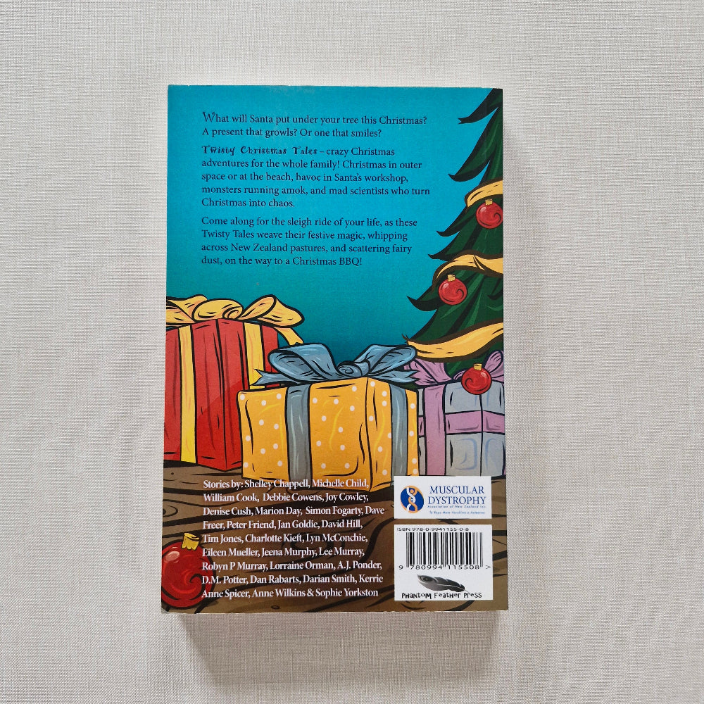 Book back cover with colourful illustrations of presents and text on a textured surface