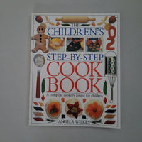 Children's cookbook cover with illustrations of cooking activities on a gray background