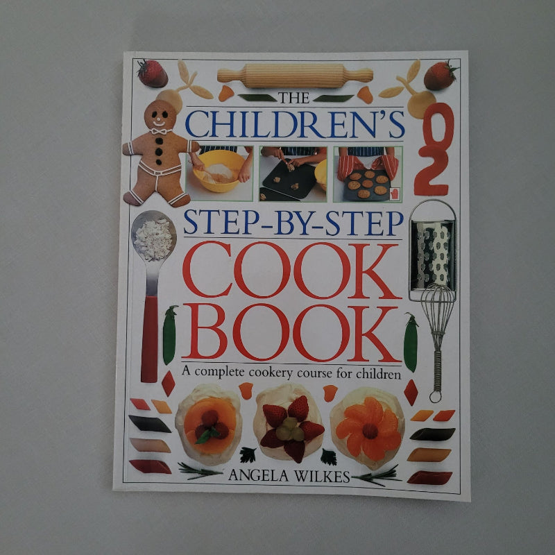 Children's cookbook cover with illustrations of cooking activities on a gray background