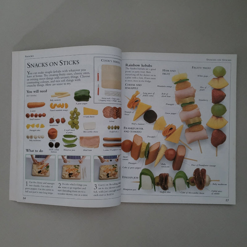 Open book showing illustrations of snacks on sticks with text and images.
