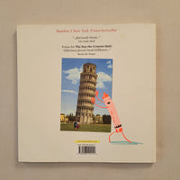 The back cover of the children's book 'The Day the Crayons Quit' by Kevin Peck, featuring a cream-colored background with New York Times bestseller text, a photo of the Leaning Tower of Pisa, and a cartoon pink crayon character.