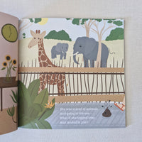 Children's book with animal illustrations on a light gray background