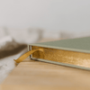 Close-up of a sage book with a gold bookmark on a blurred background