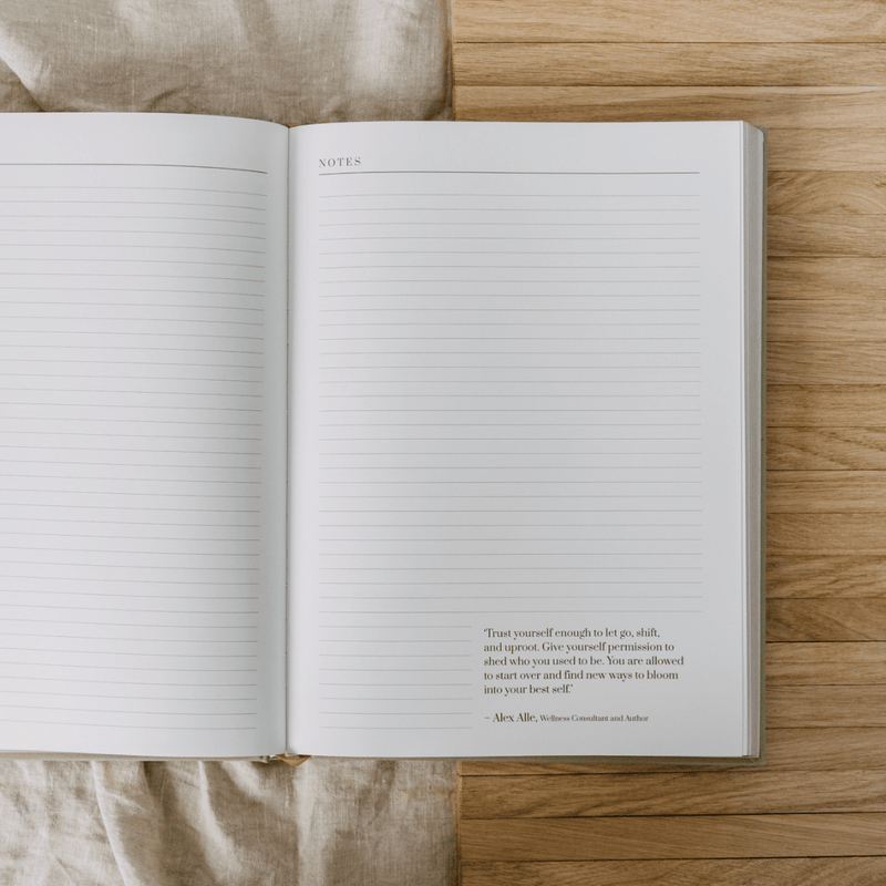 Open notebook with lined pages on a wooden surface