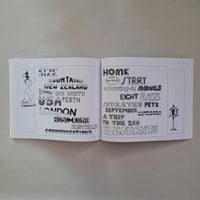 Open book with black text and illustrations on a beige background