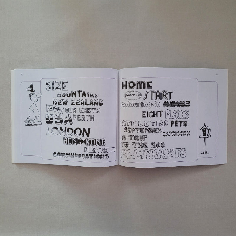 Open book with black text and illustrations on a beige background