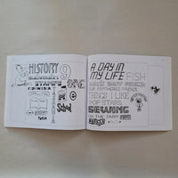 Two open pages with black lettering illustrations on a beige background
