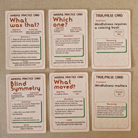 Set of six mindfulness practice cards on a textured surface