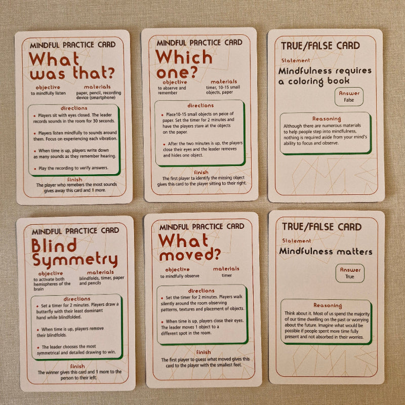 Set of six mindfulness practice cards on a textured surface