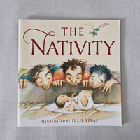 Book cover of 'The Nativity' with illustrations of children around a baby, on a grey background.