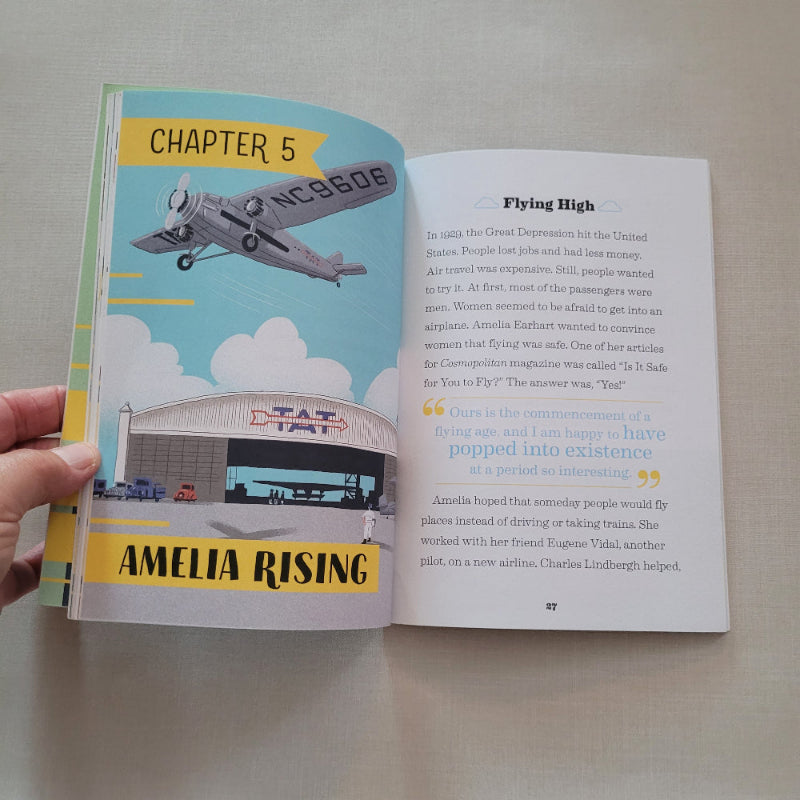 Open book with a page featuring an airplane illustration and text about Amelia Earhart.