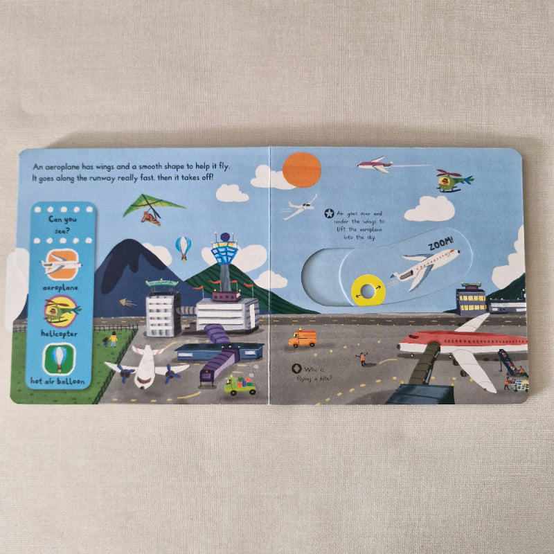 Illustrated children's book page with a cityscape and airplane on a textured surface