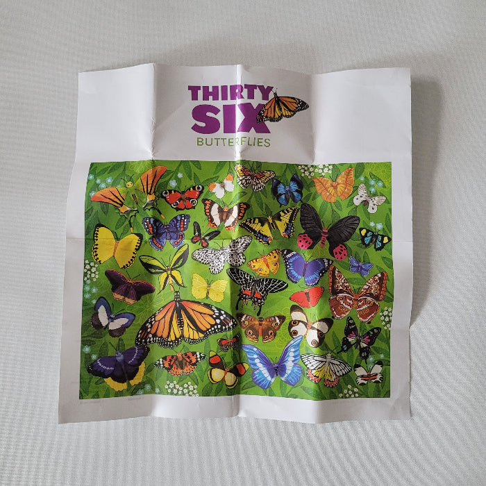 Butterfly patterned puzzle image on paper with 'Thirty Six Butterflies' branding on a white background