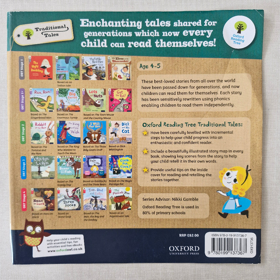 Back cover of a book bag with illustrations and text about traditional tales, brand logo, and barcode.