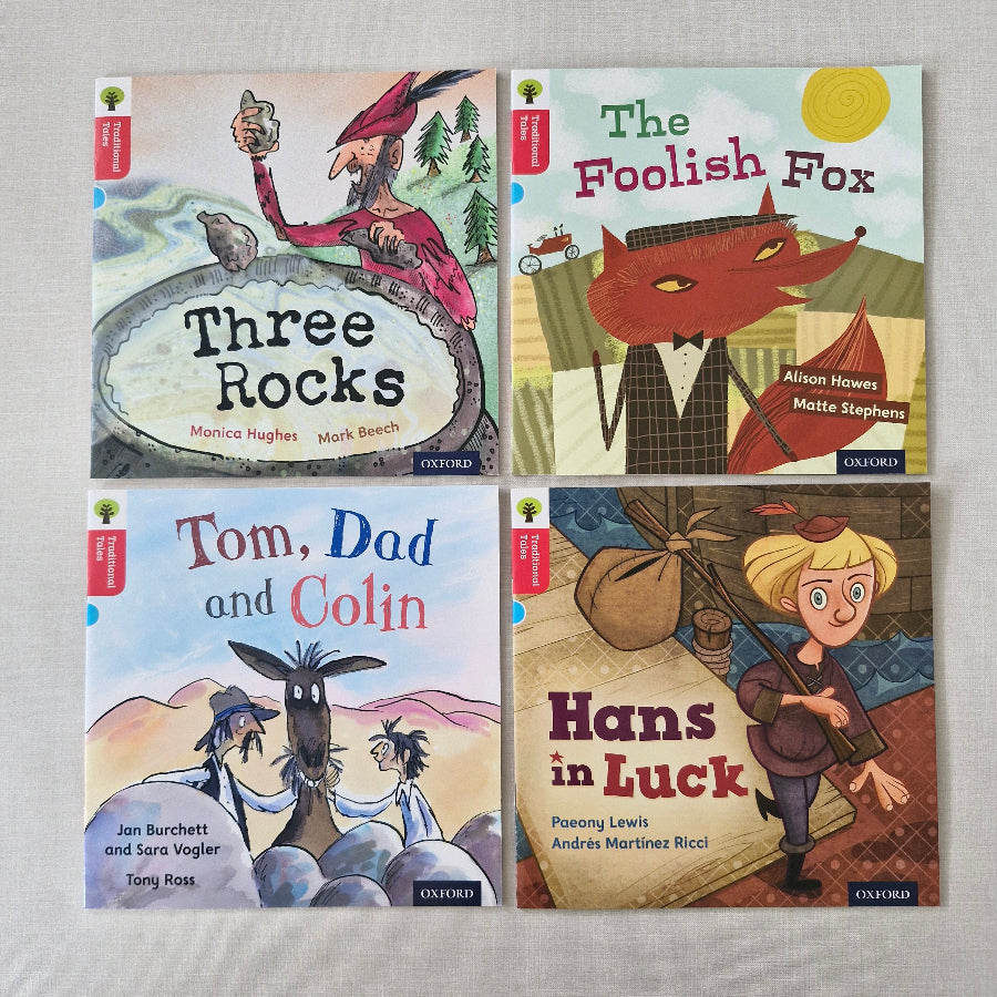 Four children's book covers on a grey background