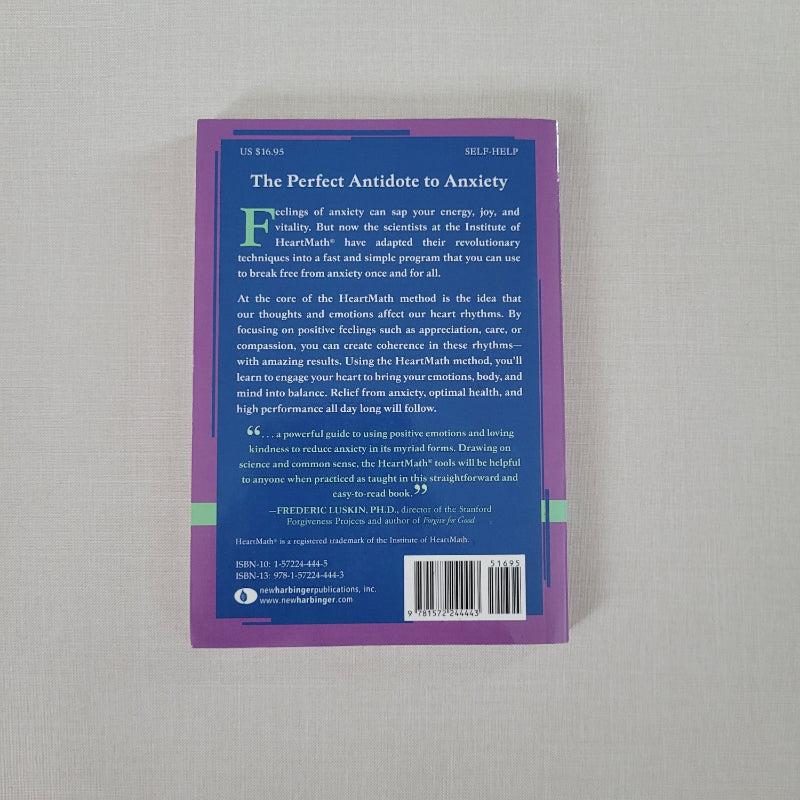 Back cover of book with text reflecting on the perfect antidote to anxiety